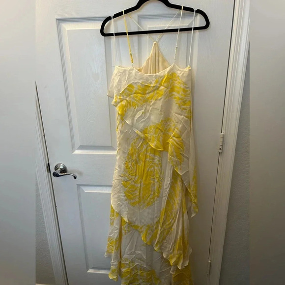Halston Heritage Halter Asymmetrical Tiered Gown Dress Citron Yellow White - Picture 5 of 6